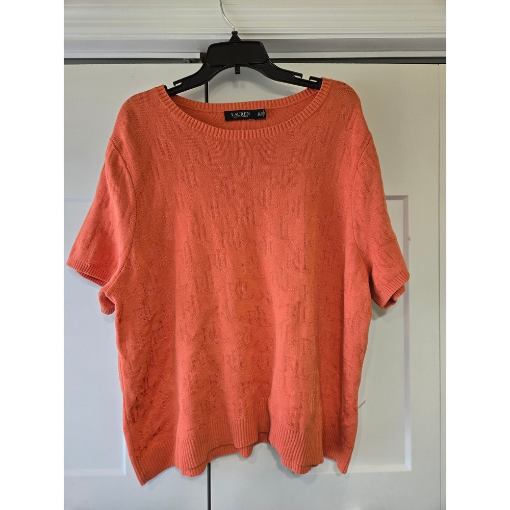 Lauren Ralph Lauren Coral Monogram Logo Short Sleeve Sweater 3X Plus Size